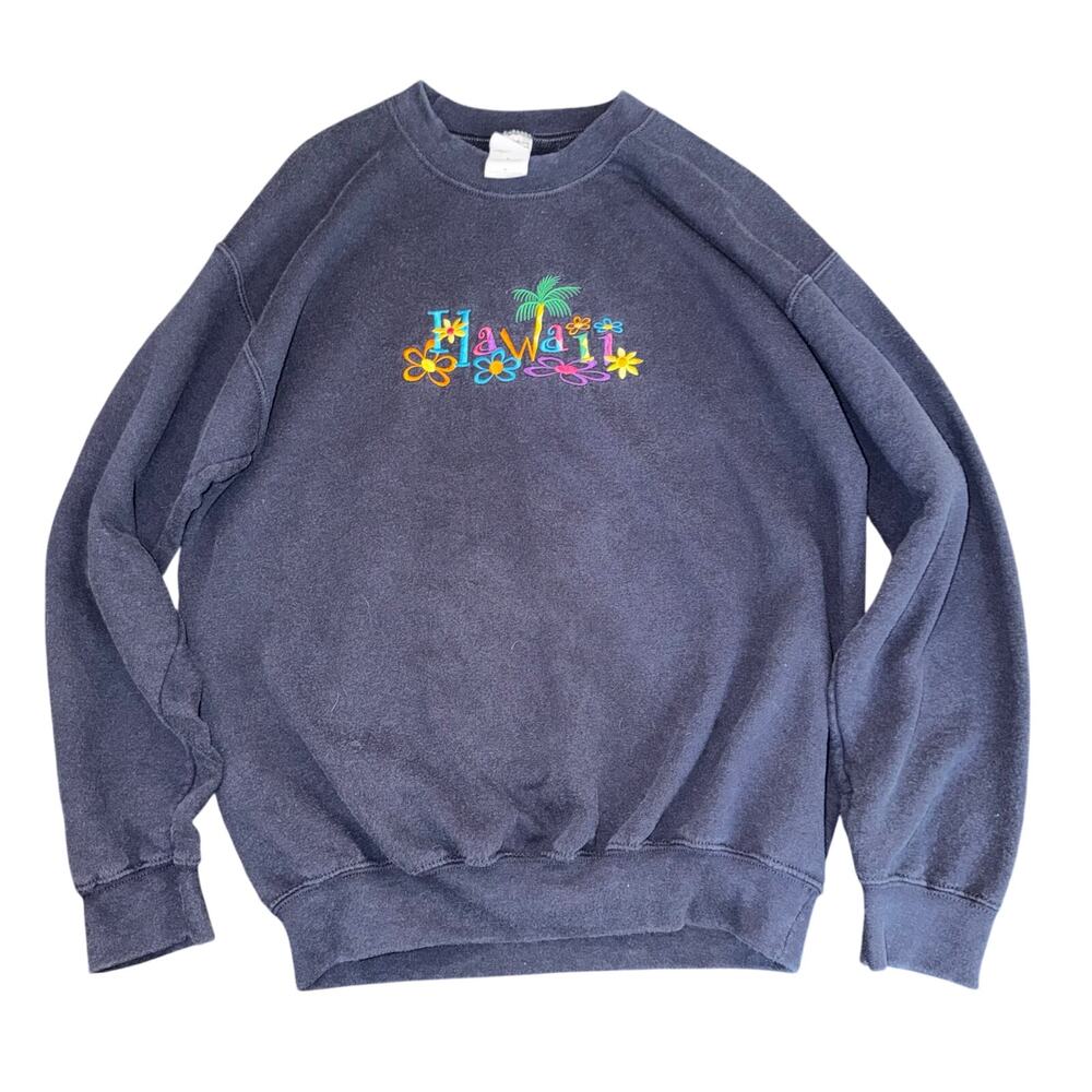 Vintage Gildan Ultra Blend Hawaii Embroidered Navy Blue Crewneck Sweatshirt Med